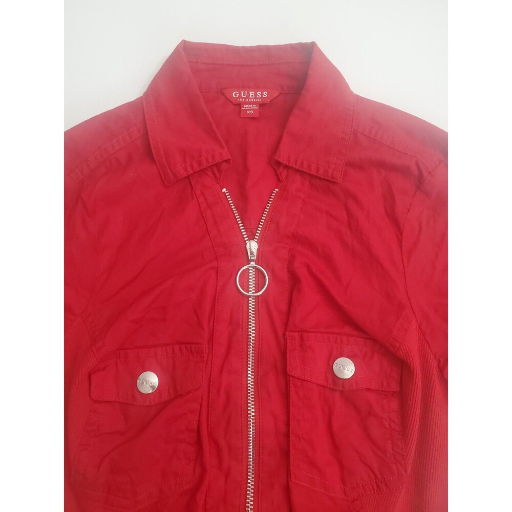 Guess Women's Short Sleeve Zip Up Casual Blouse, Red, XS